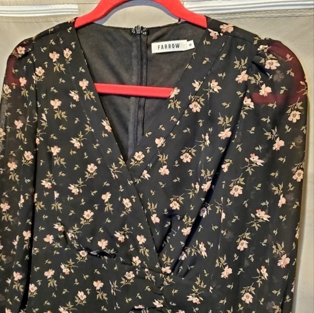 Farrow‎ Black Lined Floral Cocktail Ruching Mini Dress Small NWOT